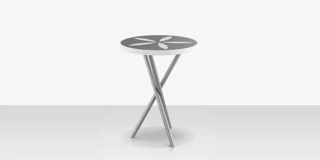 [SF-2039-322
-KES-DBGRY-DBWHT] Organic Sand Dollar 18" Diameter Side Table - Kessler Silver Frame - Light Gray Duraboard Top - White Duraboard Petals