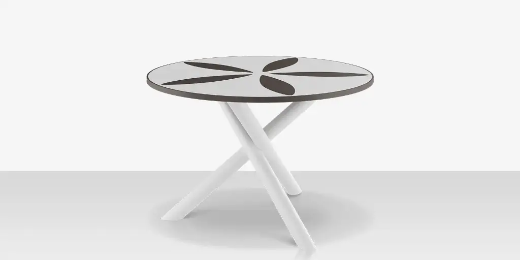[SF-2039-326
-TXW-DBWHT-DBBLK] Organic Sand Dollar 48" Diameter Dining Table - Tex White Frame - White Duraboard Top - Black Duraboard Petals