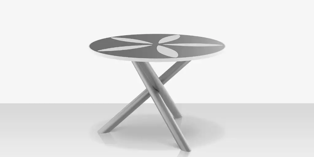 [SF-2039-326
-KES-DBGRY-DBWHT] Organic Sand Dollar 48" Diameter Dining Table - Kessler Silver Frame - Light Gray Duraboard Top - White Duraboard Petals